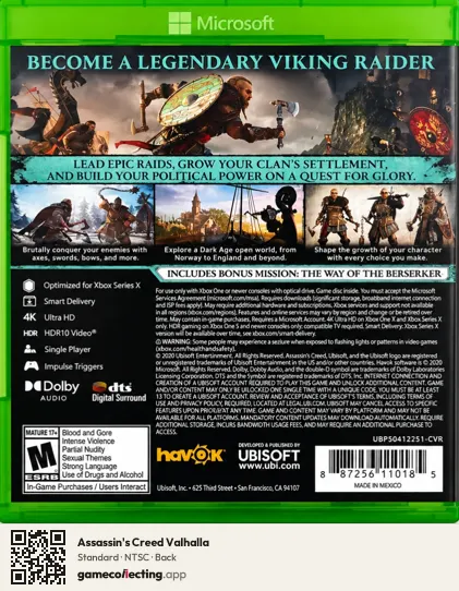 Assassin's Creed Valhalla Xbox One, NTSC box back