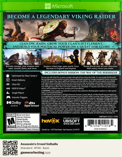 Assassin's Creed Valhalla Xbox One, NTSC box back