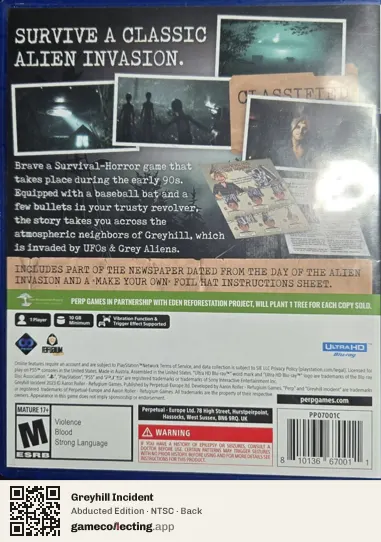Greyhill Incident PlayStation 5, NTSC box back