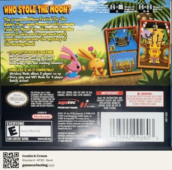 Cookie & Cream Nintendo DS, NTSC box back