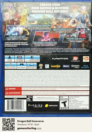 Dragon Ball Xenoverse PlayStation 4, NTSC box back