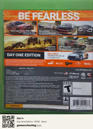 Dirt 4 Xbox One, NTSC box back
