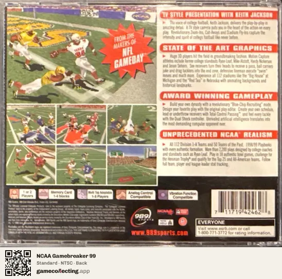 NCAA Gamebreaker 99 PlayStation, NTSC box back