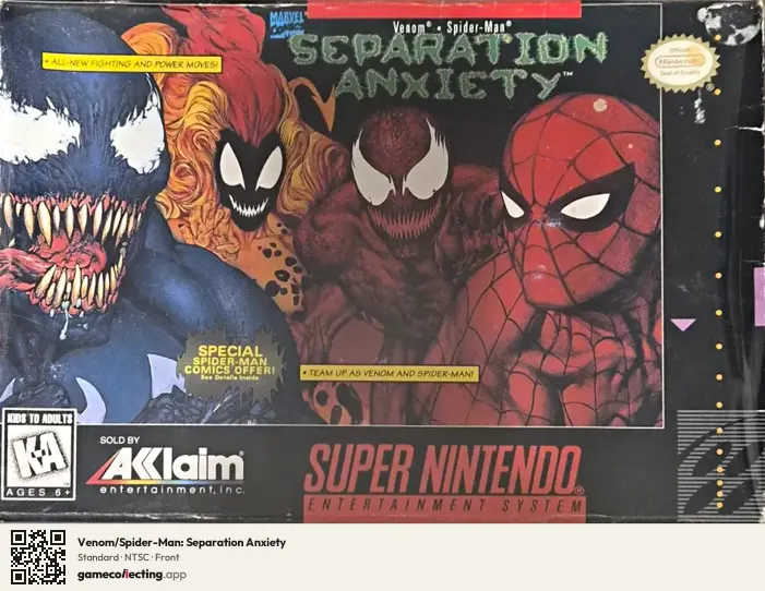 Venom/Spider-Man: Separation Anxiety Super Nintendo Entertainment System, NTSC box front