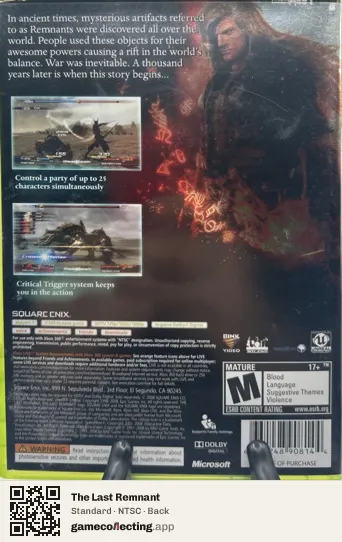 The Last Remnant Xbox 360, NTSC box back
