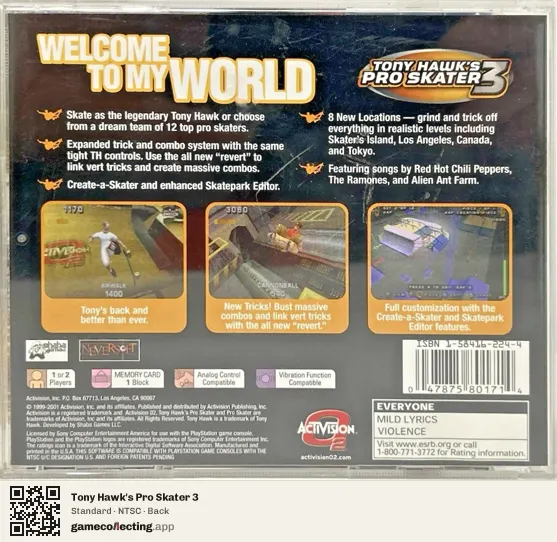 Tony Hawk's Pro Skater 3 PlayStation, NTSC box back