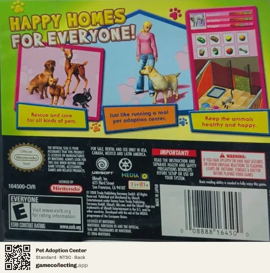 Pet Adoption Center Nintendo DS, NTSC box back