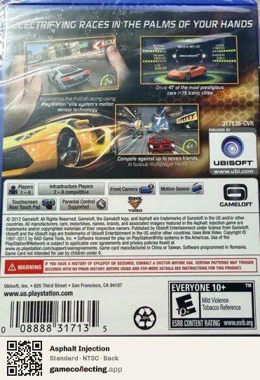 Asphalt Injection PlayStation Vita, NTSC box back