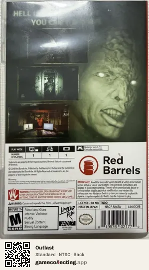 Outlast Nintendo Switch, NTSC box back