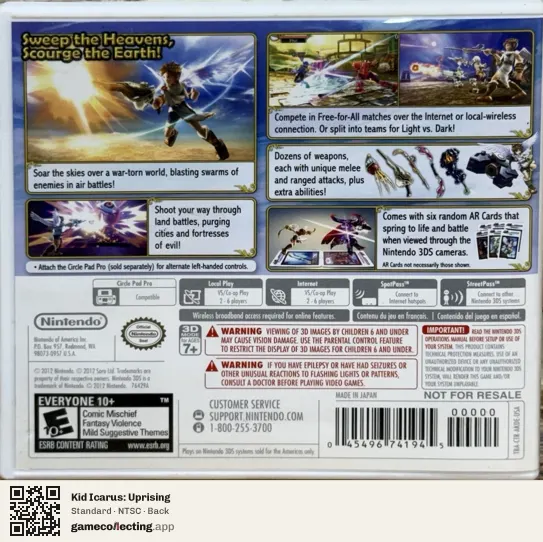 Kid Icarus: Uprising Nintendo 3DS, NTSC box back