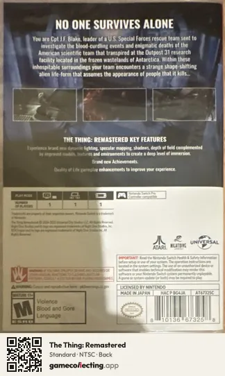 The Thing: Remastered Nintendo Switch, NTSC box back