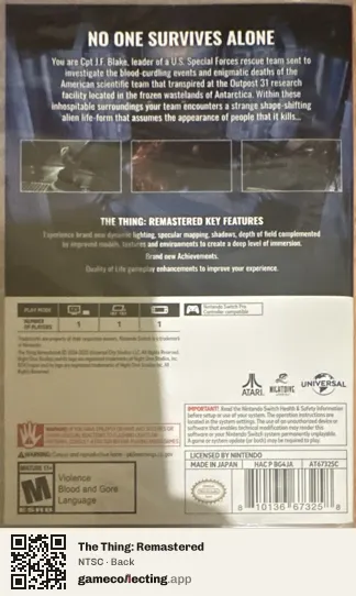 The Thing: Remastered Nintendo Switch, NTSC box back