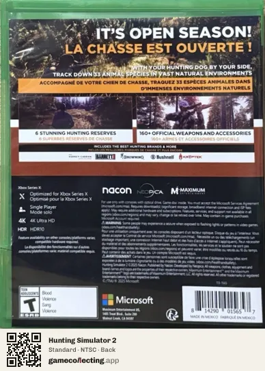 Hunting Simulator 2 Xbox One, NTSC box back