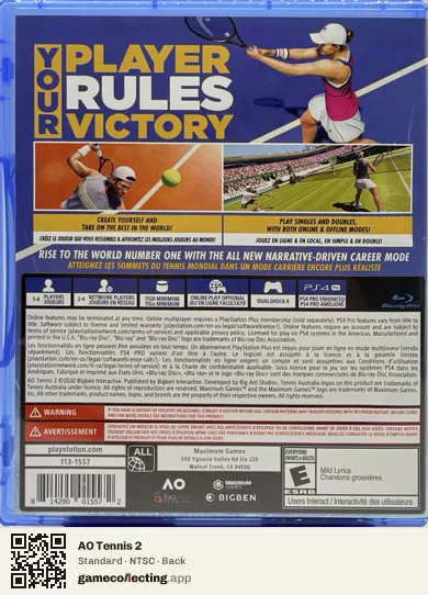 AO Tennis 2 PlayStation 4, NTSC box back