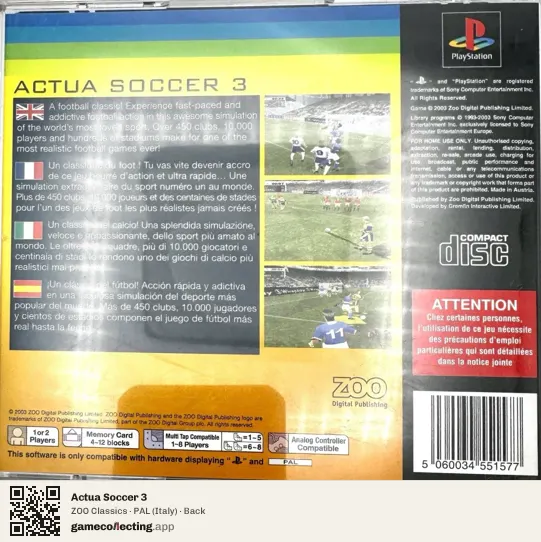 Actua Soccer 3 PlayStation, Italy box back