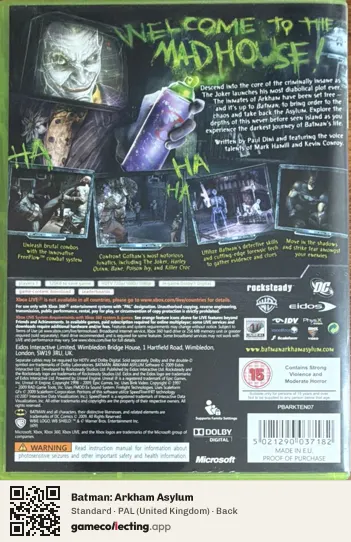 Batman: Arkham Asylum Xbox 360, United Kingdom box back