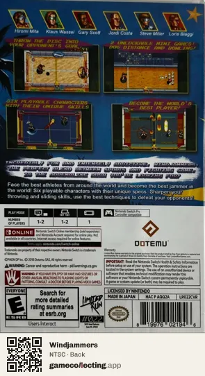Windjammers Nintendo Switch, NTSC box back