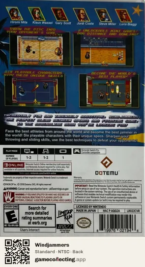 Windjammers Nintendo Switch, NTSC box back