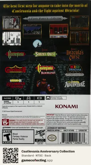 Castlevania Anniversary Collection Nintendo Switch, NTSC box back