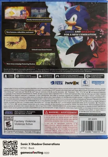 Sonic X Shadow Generations PlayStation 5, NTSC box back