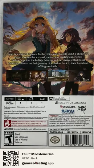 Fault: Milestone One Nintendo Switch, NTSC box back
