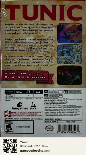 Tunic Nintendo Switch, NTSC box back