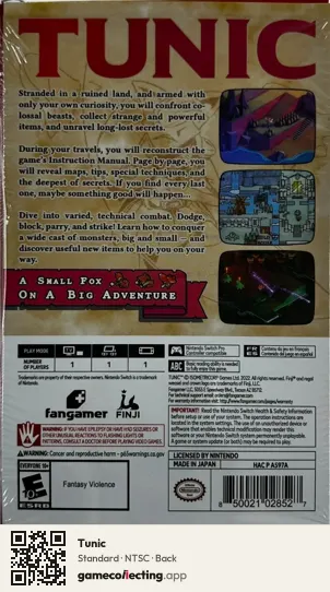 Tunic Nintendo Switch, NTSC box back