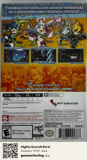 Mighty Gunvolt Burst Nintendo Switch, NTSC box back