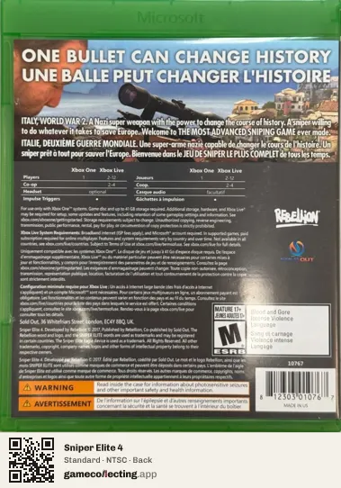 Sniper Elite 4 Xbox One, NTSC box back