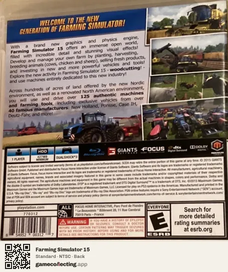 Farming Simulator 15 PlayStation 3, NTSC box back