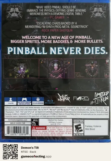 Demon's Tilt PlayStation 4, NTSC box back