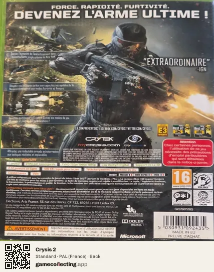 Crysis 2 Xbox 360, France box back