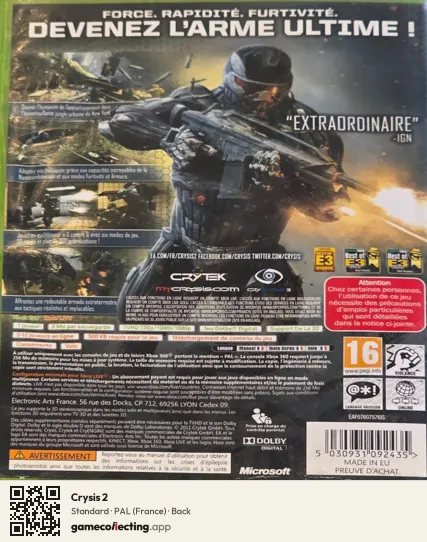 Crysis 2 Xbox 360, France box back