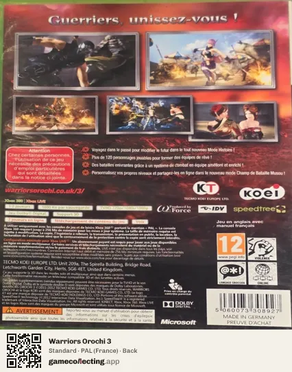 Warriors Orochi 3 Xbox 360, France box back