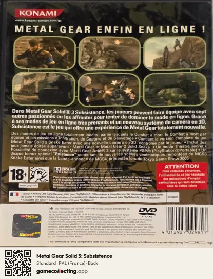 Metal Gear Solid 3: Subsistence PlayStation 2, France box back