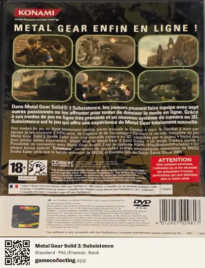 Metal Gear Solid 3: Subsistence PlayStation 2, France box back