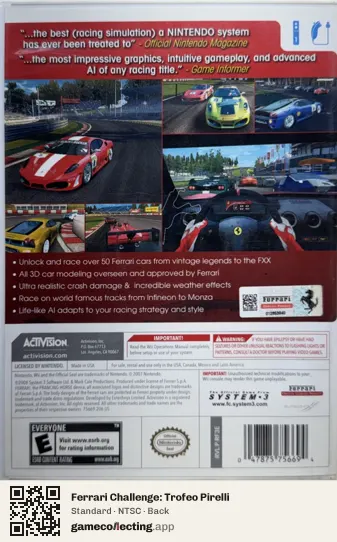 Ferrari Challenge: Trofeo Pirelli Nintendo Wii, NTSC box back