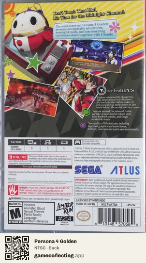 Persona 4 Golden Nintendo Switch, NTSC box back