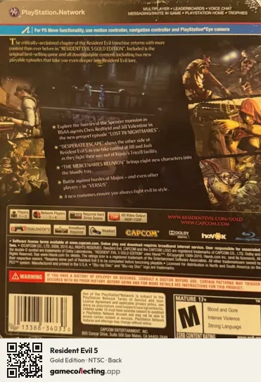 Resident Evil 5 PlayStation 3, NTSC box back