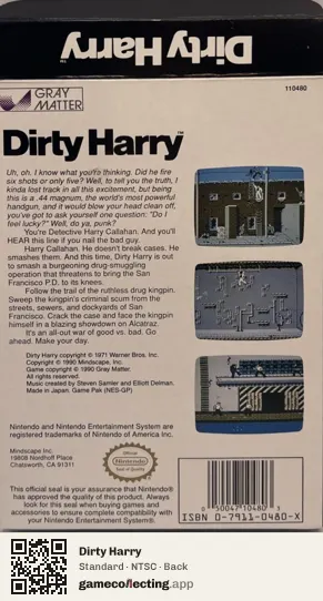 Dirty Harry Nintendo Entertainment System, NTSC box back
