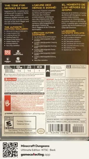 Minecraft Dungeons Nintendo Switch, NTSC box back