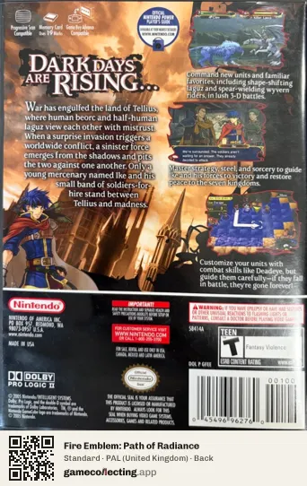 Fire Emblem: Path of Radiance Nintendo GameCube, United Kingdom box back