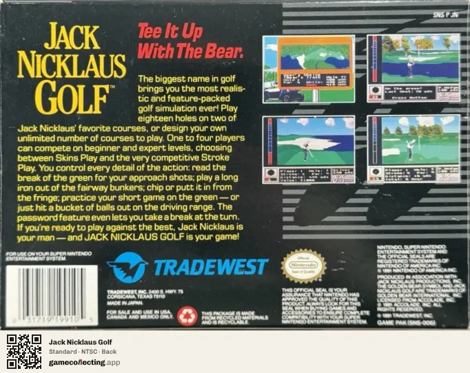 Jack Nicklaus Golf Super Nintendo Entertainment System, NTSC box back