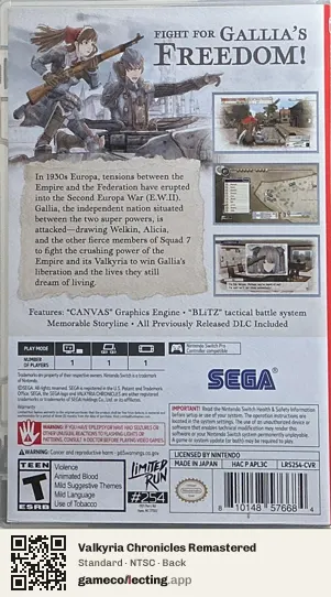 Valkyria Chronicles Remastered Nintendo Switch, NTSC box back