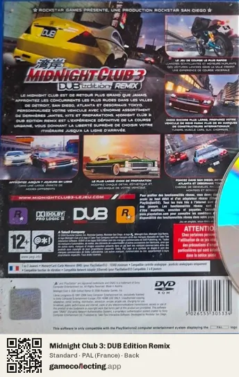 Midnight Club 3: DUB Edition Remix PlayStation 2, France box back