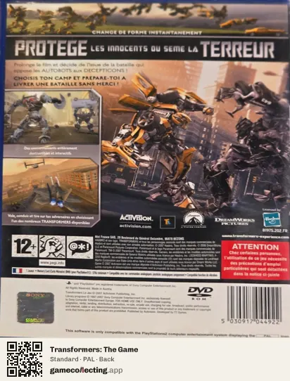 Transformers: The Game Xbox 360, PAL box back