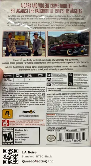 L.A. Noire Nintendo Switch, NTSC box back