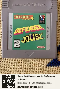 Arcade Classic No. 4: Defender / Joust Game Boy, NTSC cartridge label