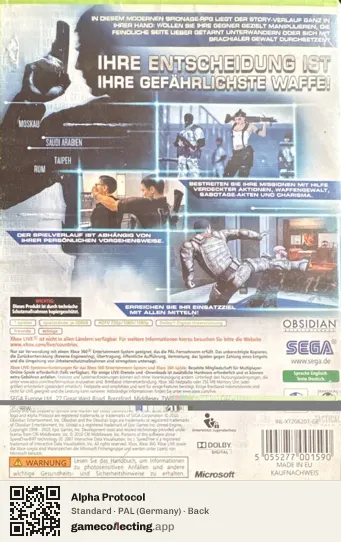 Alpha Protocol Xbox 360, Germany box back