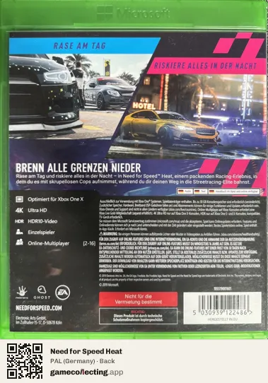 Need for Speed Heat Xbox One, Germany box back